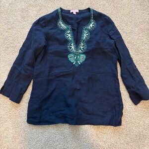 Lilly Pulitzer Amelia Island Tunic Womens XS Navy Blue Beaded Linen Beach Preppy